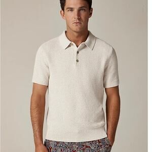 J.Crew Knit Short-sleeve Cotton Seed-stitch Sweater-Polo Mens S Cream Pullover